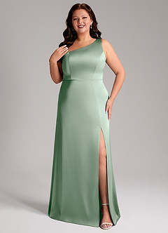 Azazie Phaedra Bridesmaid Dresses Agave A-Line One Shoulder Stretch Satin Dress image8