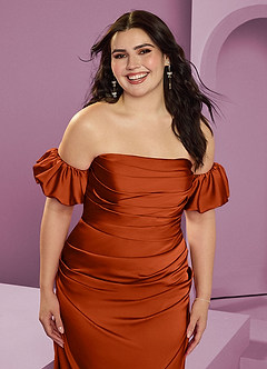 Barbie ♥ Azazie Bridesmaid Dresses Paprika Sheath Off the Shoulder Stretch Satin Convertible Dress image15