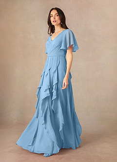 Azazie Watson Final Sale Steel Blue A-Line V-Neck Chiffon Dress image2