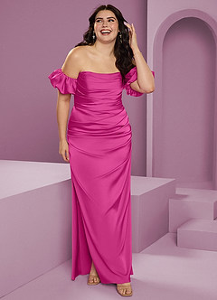 Barbie ♥ Azazie Bridesmaid Dresses Fuchsia Sheath Off the Shoulder Stretch Satin Convertible Dress image11