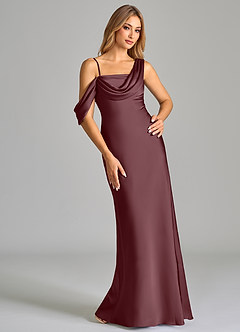 Azazie Celina Bridesmaid Dresses Sangria Sheath Off the Shoulder Stretch Satin Dress image1
