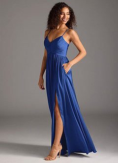 Azazie Alia Vestidos de damas de honor Vestido de Azul Real de Satén Elástico de Corte en A con Plisado image6