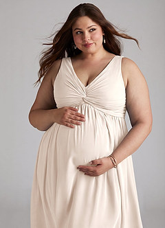 Azazie Yetta Maternity Bridesmaid Dresses A-Line V-Neck Gathered Chiffon Floor-Length Dress image8