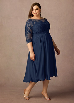 Azazie Marge vestidos de madre de la novia Vestido de Azul Marino Oscuro de Gasa de Corte En A con Encaje redondo image5