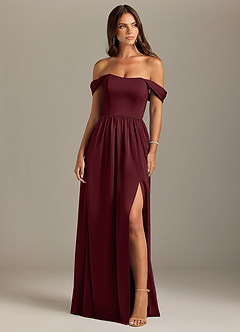 Azazie Calianna Bridesmaid Dresses Cabernet A-Line Off the Shoulder Stretch Satin Convertible Dress image1