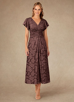 Azazie Vera Mother of the Bride Dresses Espresso A-Line Pleated Floral Burnout Dress image1