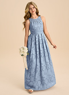 Azazie Bibiane Junior Dusty Blue A-Line Pleated Floral Burnout Dress image3