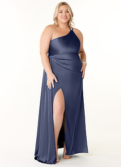 Azazie Maron Robes de demoiselle d'honneur Robe Trapèze en Satin extensible Epaule unique Bleu Orageux image7