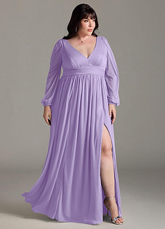 Azazie Norah Bridesmaid Dresses Lilac A-Line V-Neck Long Sleeve Chiffon Dress image9