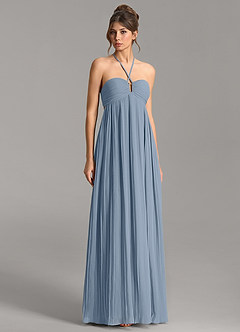 Azazie Addison At-home Try On Dresses Dusty Blue Empire Sweetheart Neckline Chiffon Dress image3