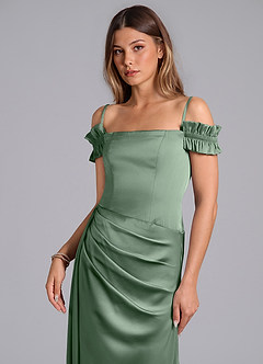Azazie Kalysia Jurken voor bruidsmeisjes Converteerbaar Jurk van Stretch Satijn met Zeemeermin Off the Shoulder Matcha image5