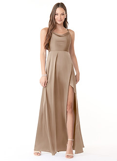 Azazie Naomie Abiti da Damigella Abito A-Line in Raso Elasticizzato con Scollo a Cappuccio e Spacco Laterale Taupe image1