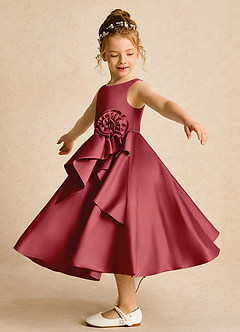Azazie Hermia Blumenmädchenkleider A-Linie ärmellos Matte Satin Kleid Granatapfelrot image3
