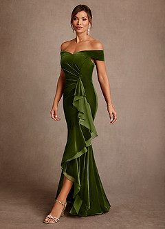 Azazie Billings 신부의 어머니 드레스 인어 오프 더 숄더 벨벳 비대칭 드레스 image2