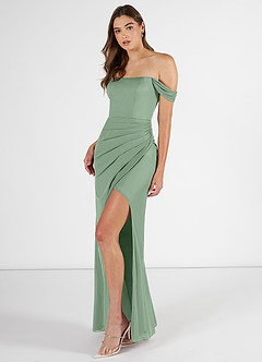 Azazie Kit Bridesmaid Dresses Matcha Mermaid Off the Shoulder Mesh Dress image3