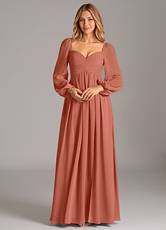 Azazie Bailee Vestidos de damas de honor Vestido de Arcilla de Gasa de Corte en A con Manga larga image6