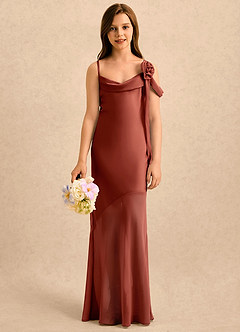 Azazie Kai Girls Formal Robe Demoiselle D'honneur Fillette Robe Fourreau en Satin extensible Plissée Terracotta image1