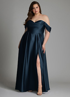 Azazie Loisa Vestidos de damas de honor Vestido Azul Marino Oscuro de Satén Elástico de Línea A con Hombros descubiertos image8