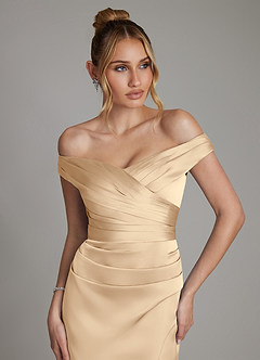 Azazie Teyana Bridesmaid Dresses Champagne Sheath Off the Shoulder Stretch Satin Dress image2