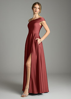 Azazie Melanie Bridesmaid Dresses Terracotta A-Line Off the Shoulder Stretch Satin Dress image4