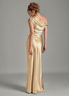 Azazie Emerson Bridesmaid Dresses Champagne Mermaid Off the Shoulder Metallic Satin Dress image2