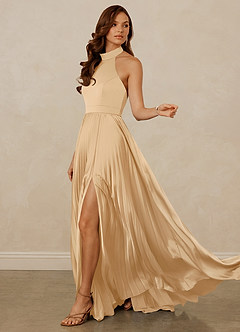Christian Siriano Bridal for Azazie 1007 Bridesmaid Dresses Gold A-Line Pleated Stretch Satin Dress image5