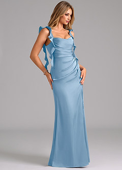 Azazie Jessamine Bridesmaid Dresses Powder Blue Sheath Corset Stretch Satin Dress image4