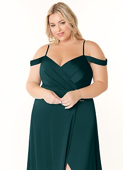 Azazie Ocean Bridesmaid Dresses Pine A-Line V-Neck Pleated Stretch Satin Dress image10