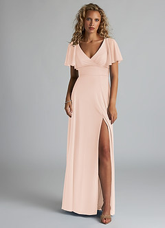 Azazie Induh Bridesmaid Dresses Blushing Pink A-Line Flutter V-neck Mesh Dress image2