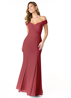 Azazie Lecia Jurken voor bruidsmeisjes Converteerbaar Jurk van Chiffon met rijk Off-the-shoulder geplooid Granaatappel image1