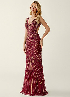 Hazelen Burgundy Sequin Embroidery Beading Tulle Off-the-Shoulder Prom Dress image5
