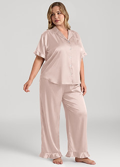 front Matching Color Ruffled Short Sleeve Long Pants Pajama Set