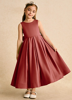Azazie Cailee Flower Girl Dresses Terracotta Ball-Gown Pleated Matte Satin Dress image2