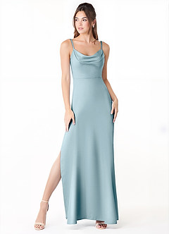 Azazie Alaija Bridesmaid Dresses Moody Blue Mermaid Side Slit Stretch Satin Dress image2