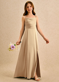Azazie Chamomile Girls Formal Flower Girl Dresses Champagne A-Line Pleated Stretch Satin Dress image2
