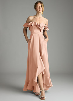 Azazie Lyra Bridesmaid Dresses Rose Gold A-Line Off the Shoulder Stretch Satin Convertible Dress image1