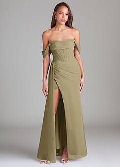 Azazie Amyra Abiti da Damigella Abito Convertibile Tubino in Chiffon a Spalla Scoperta Verde Muschio image1
