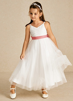 Azazie Lea vestidos de niña de las flores Vestido de Coral de Tul de Corte En A con Tirante Espagueti image3