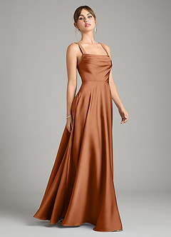Azazie Shaude Bridesmaid Dresses Copper A-Line Pleated Stretch Satin Dress image7
