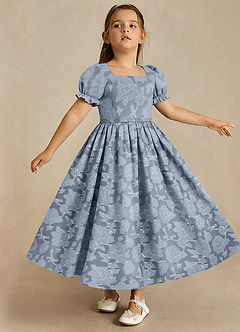 Azazie Joss vestidos de niña de las flores Vestido de Azul Polvoriento de Devorado Floral de Corte En A con Con mangas image3