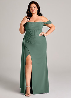 Azazie Amyra Bridesmaid Dresses Sea Moss Sheath Off the Shoulder Chiffon Convertible Dress image9