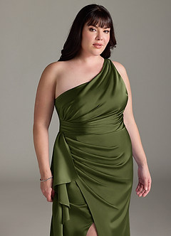 Azazie Maive Bridesmaid Dresses Olive Sheath Ruched Stretch Satin Dress image11