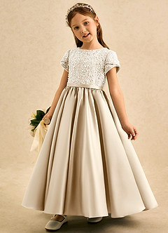 Azazie Cashew Flower Girl Dresses Champagne Ball-Gown with Sleeves Matte Satin Dress image3