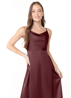 Azazie Naomie Final Sale Sangria A-Line Cowl Neckline Side Slit Stretch Satin Dress image5