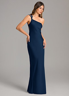 Azazie Monroe Jurken voor bruidsmeisjes Jurk van Stretch Satijn met Zeemeermin One-Shoulder Donkere Marine image5