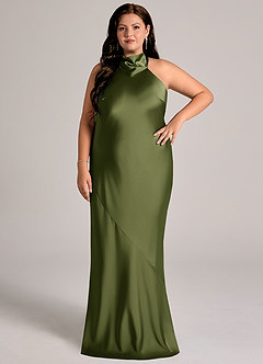 Azazie Velli Jurken voor bruidsmeisjes Jurk van Stretch Satijn met Zeemeermin Hoge Kraag Olijf image8
