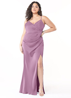 Azazie Maci Vestidos de damas de honor Vestido de Glicinia de Satén Elástico de Corte en A con Cuello en V plisado image6