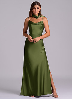 Azazie Yazmine Final Sale Olive Mermaid Pleated Stretch Satin Dress image6