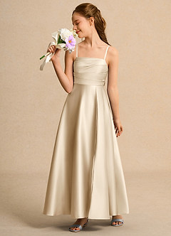 Azazie Pebbles Girl vestidos de niña de las flores Vestido de Champán de Satin Mate de Corte En A con Plisado image5