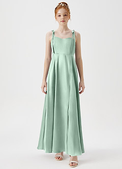 Azazie Rosey Junior A-Linie Herzausschnitt Metallischer Satin Kleid Agave image6